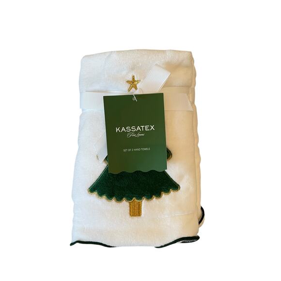 Kassatex Green Velvet Christmas Tree Hand Towels 16x28 Embroidered Set of 2 NEW - Picture 2 of 9
